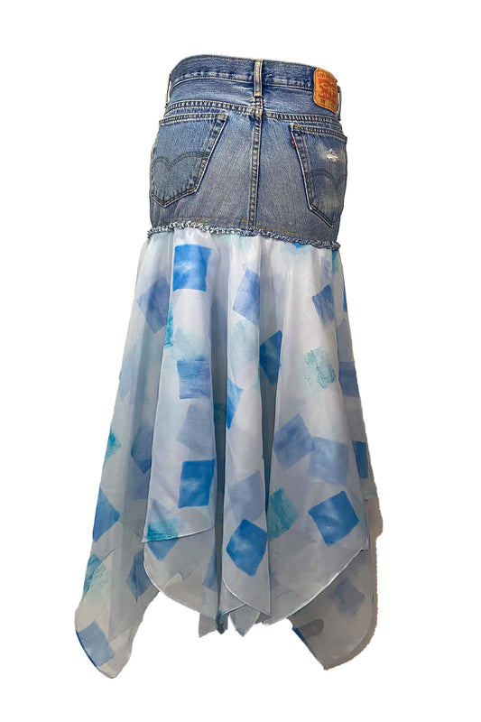 Denim Top Handkerchief Hem Blue Square Print Skirt