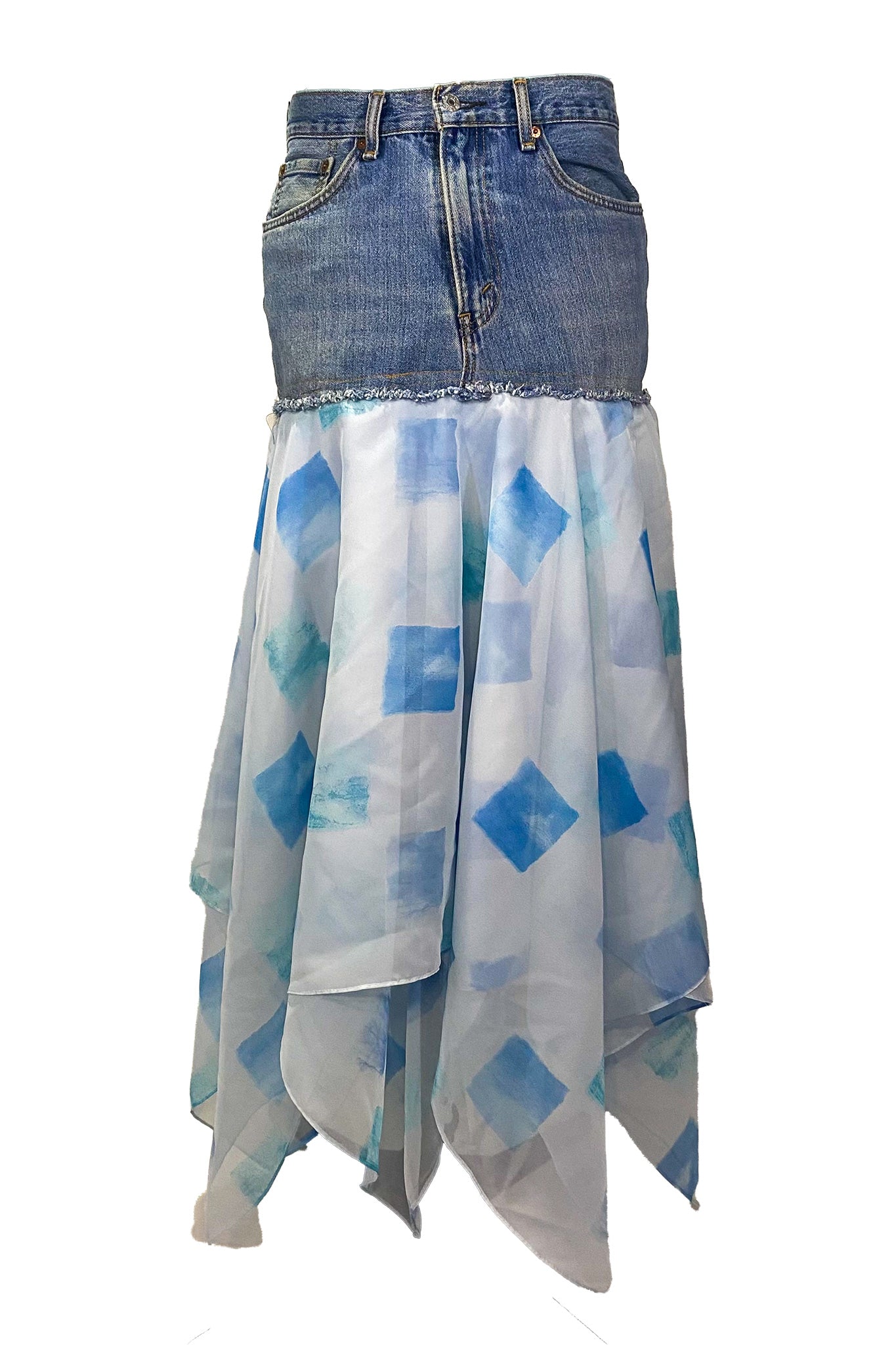Denim Top Handkerchief Hem Blue Square Print Skirt