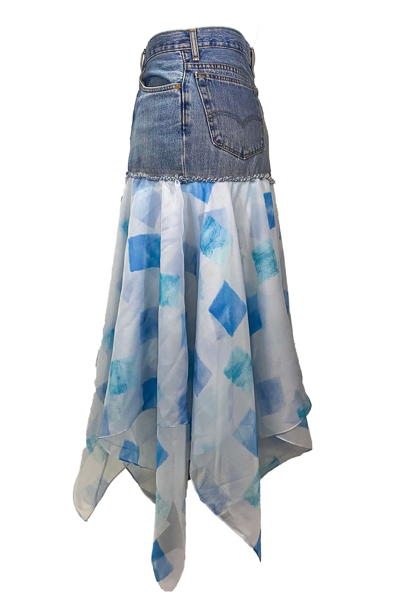Denim Top Handkerchief Hem Blue Square Print Skirt