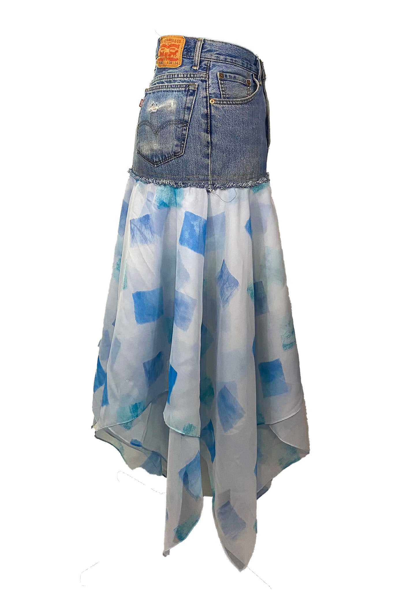 Denim Top Handkerchief Hem Blue Square Print Skirt