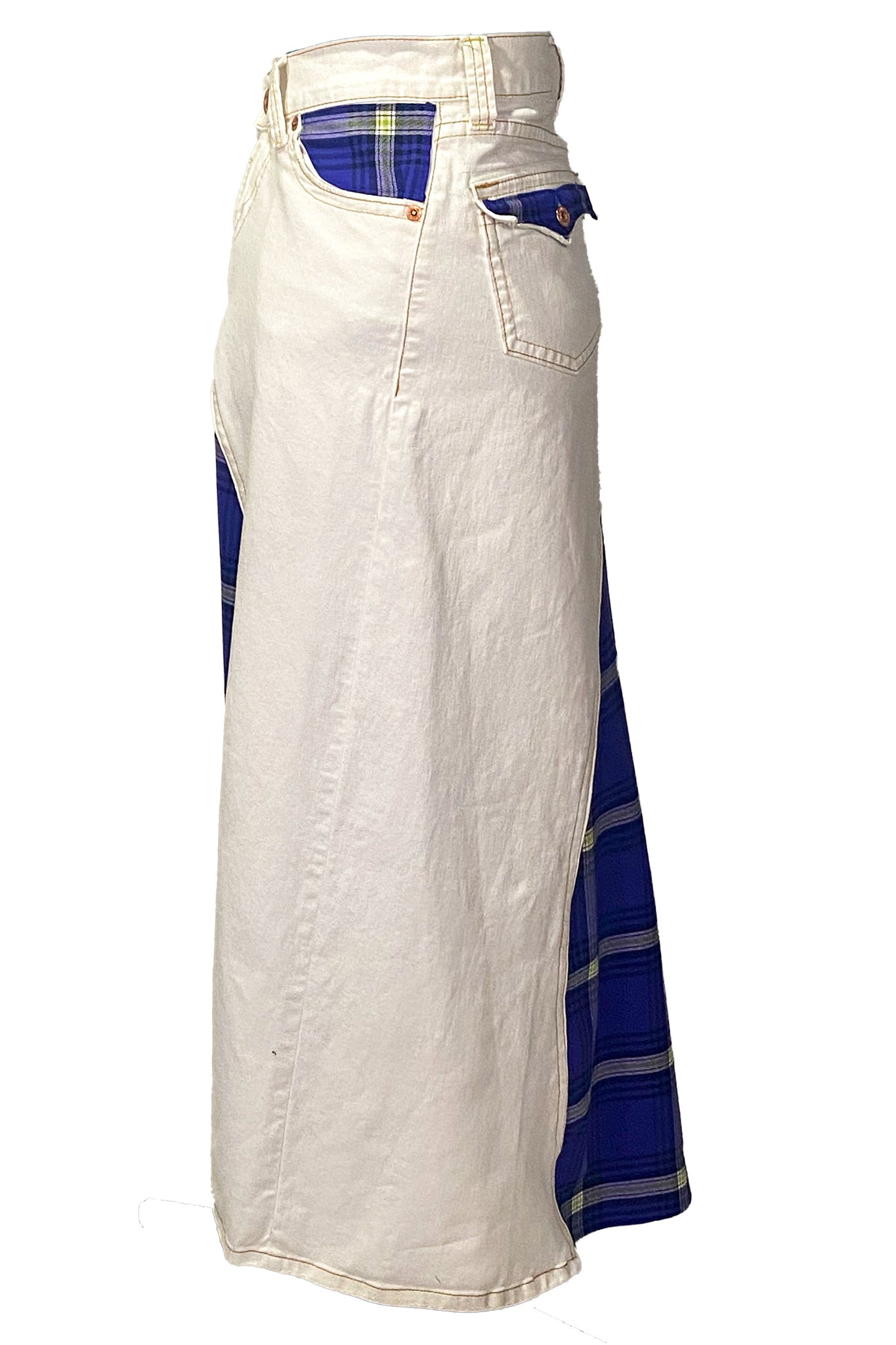 Plaid Accent White Denim Maxi Skirt