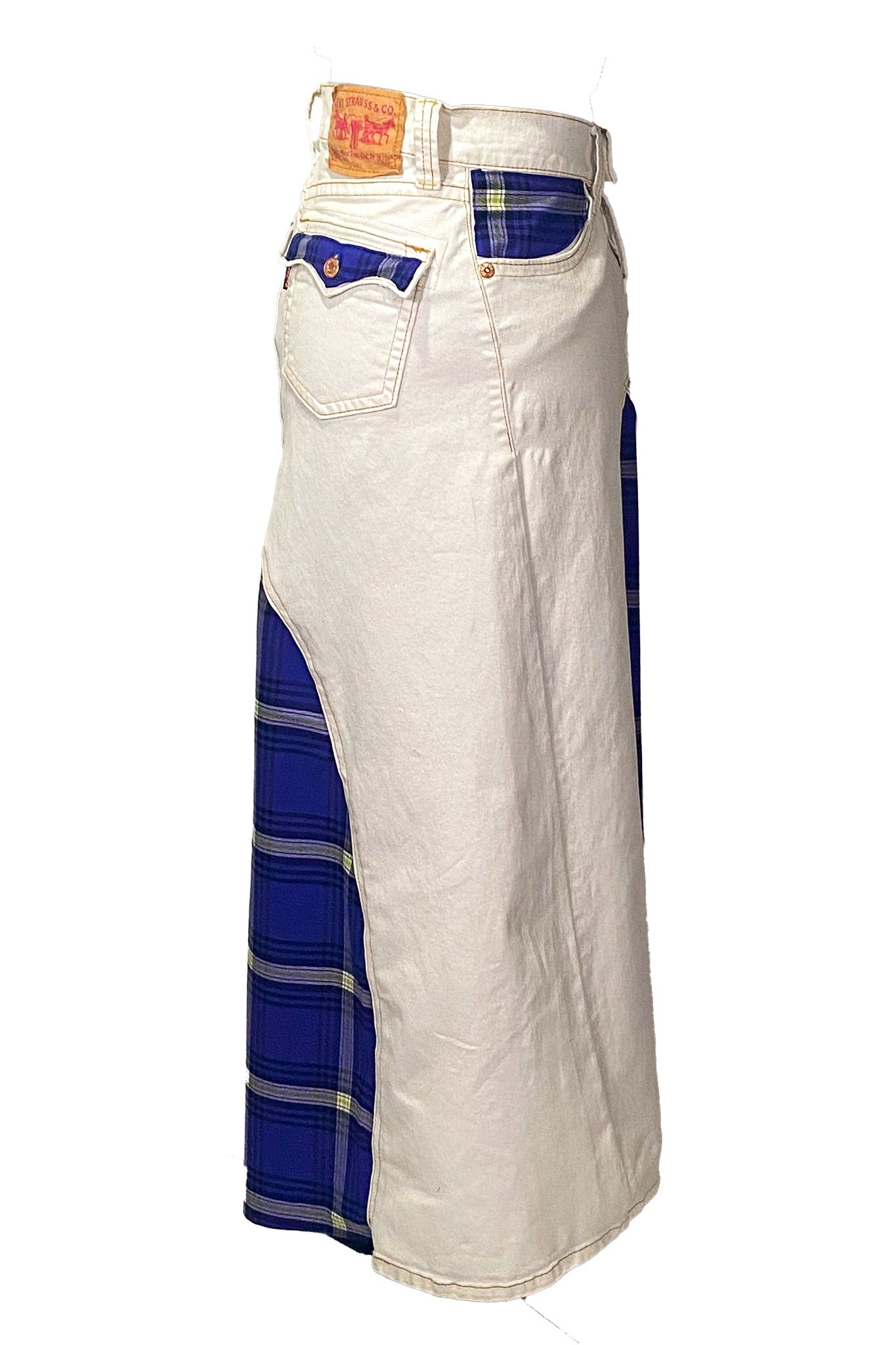 Plaid Accent White Denim Maxi Skirt