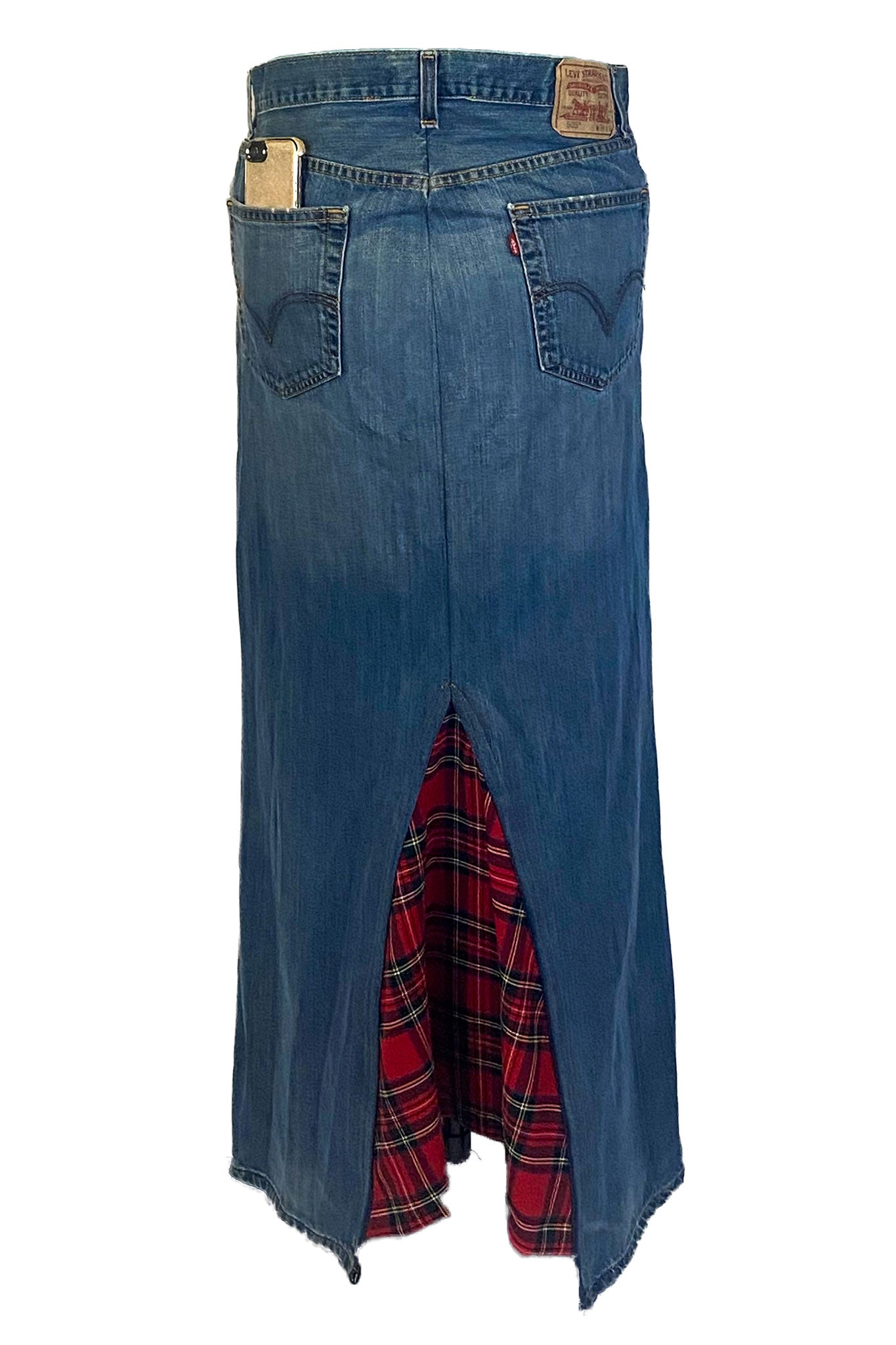 Plaid Accent Denim Maxi Skirt