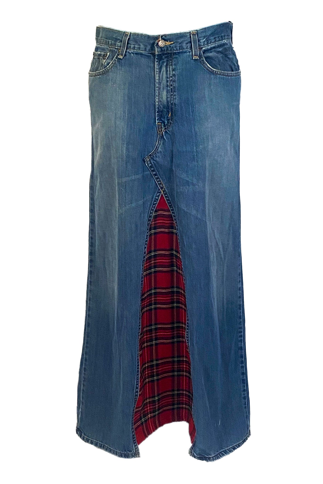 Plaid Accent Denim Maxi Skirt