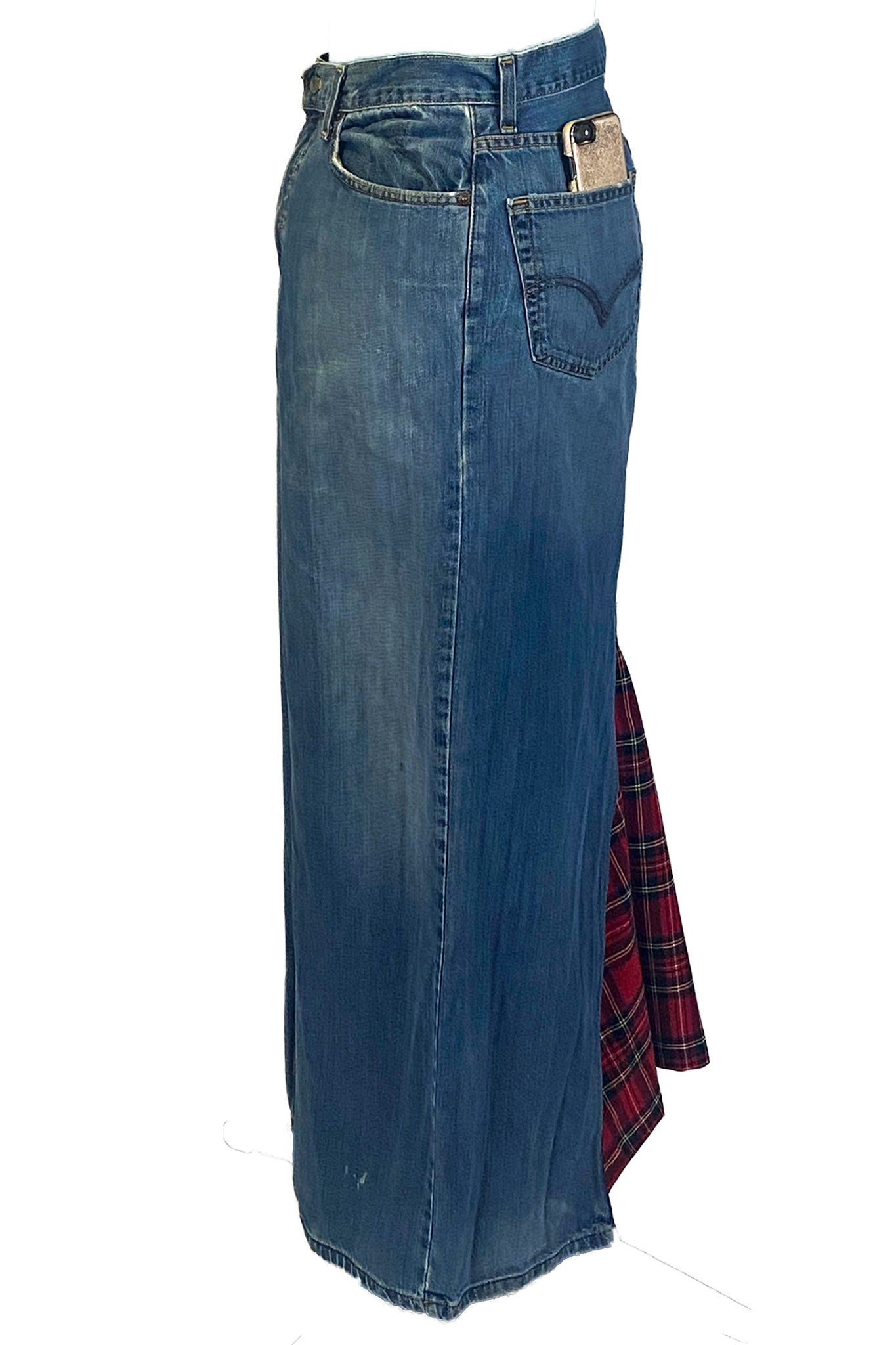 Plaid Accent Denim Maxi Skirt