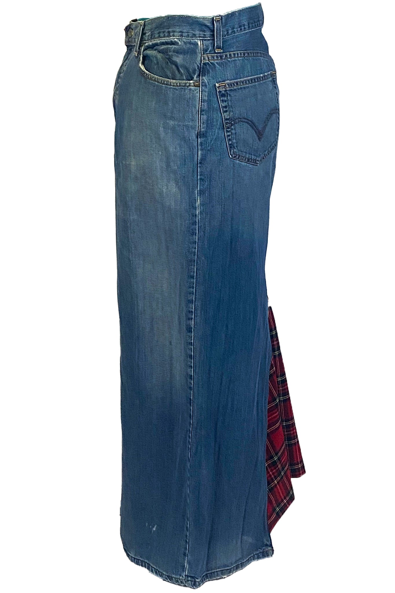 Plaid Accent Denim Maxi Skirt