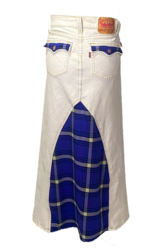 Plaid Accent White Denim Maxi Skirt