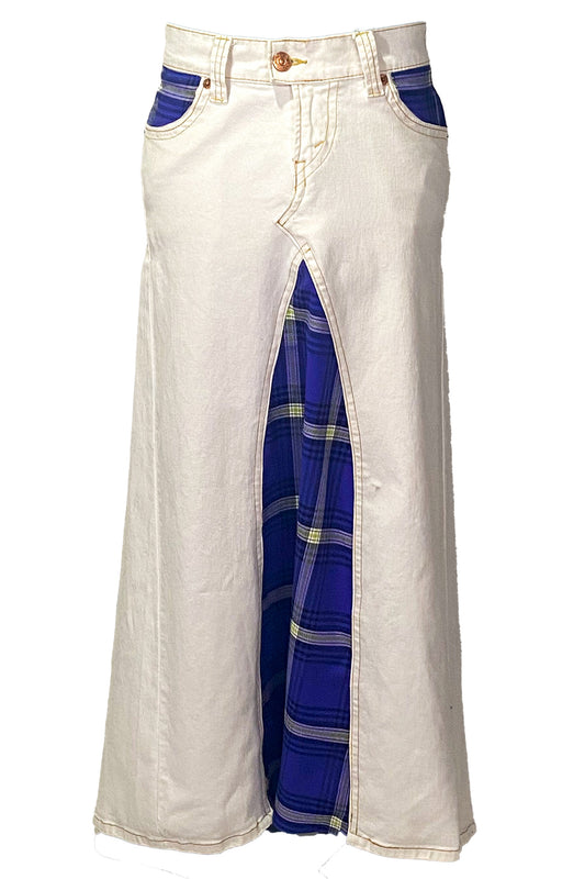 Plaid Accent White Denim Maxi Skirt