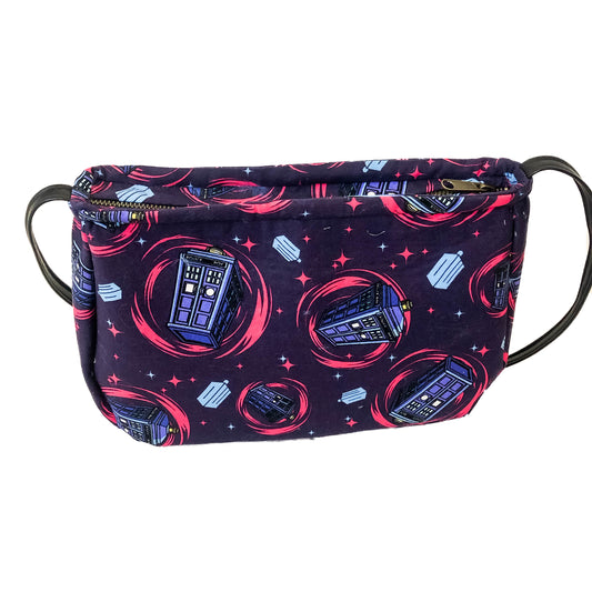 Front view of a fabric purse with a Dr Who TARDIS motif