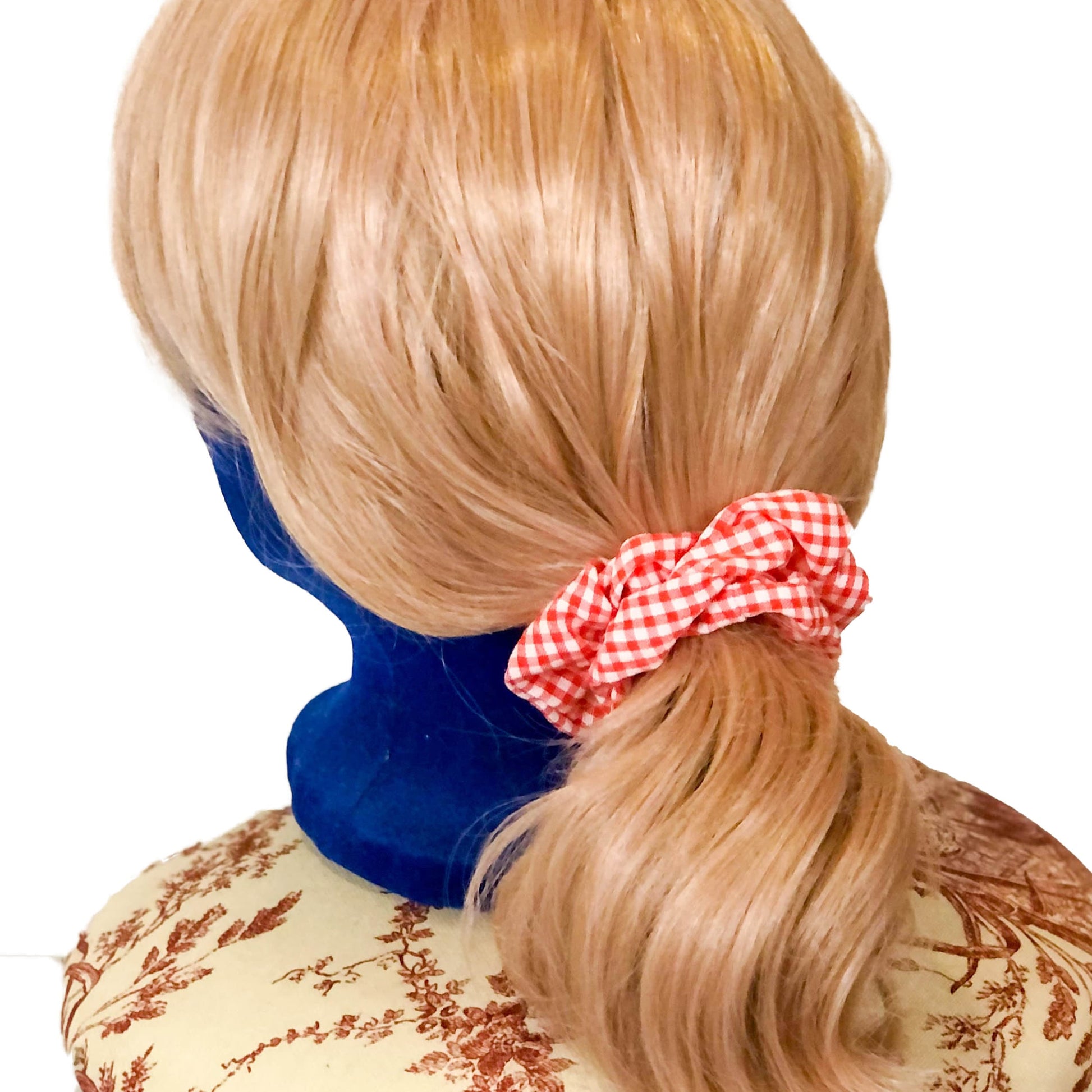 Photo of gingham scrunchie on a wig