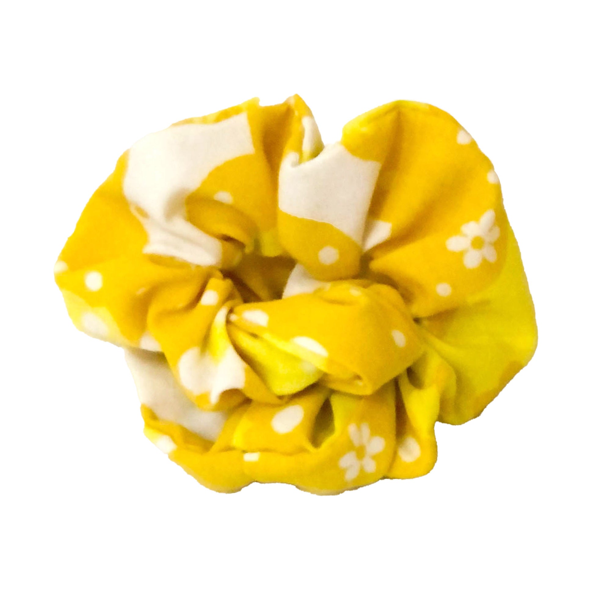 Scrunchie made of yellow and white patterned fabric