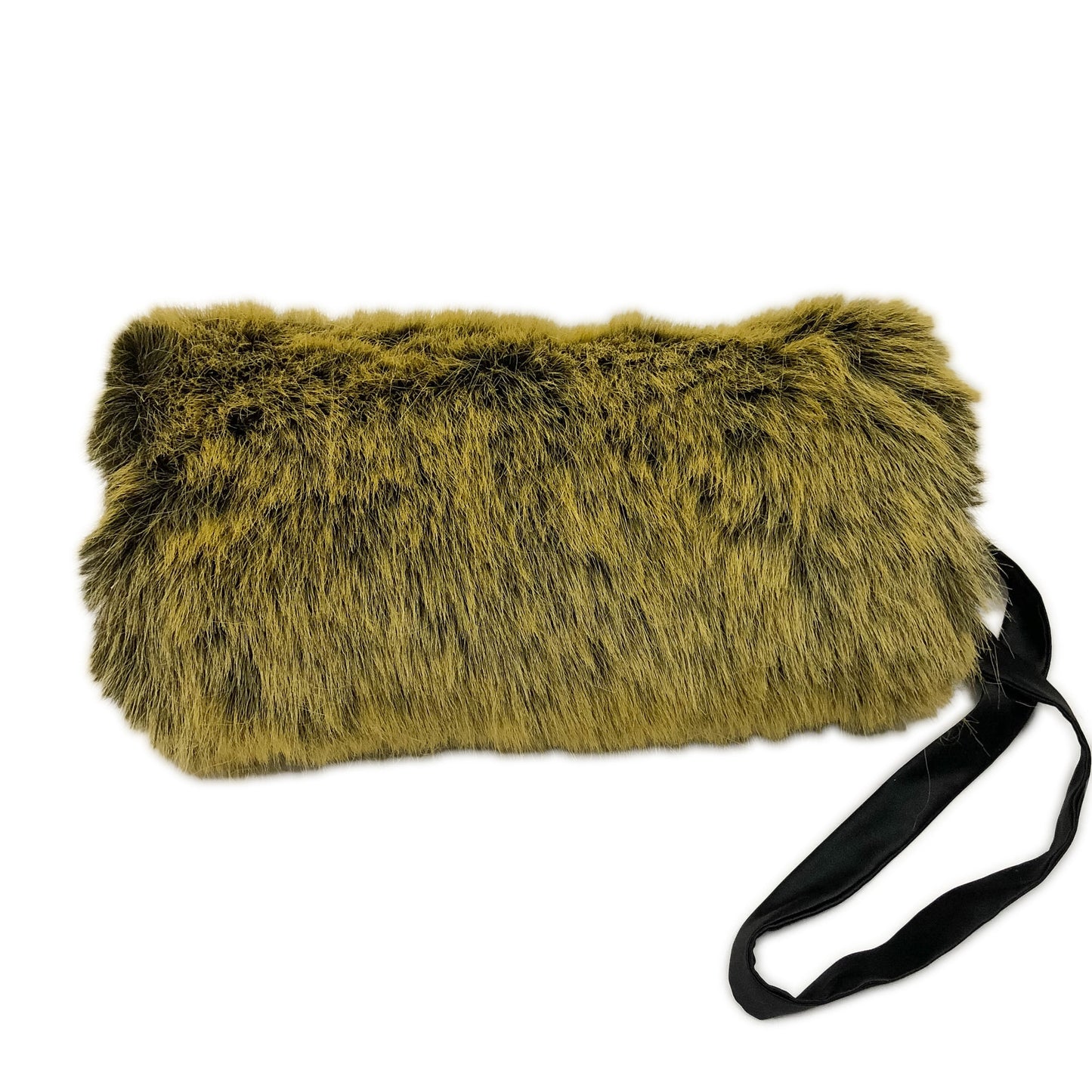 Front view of a muff with strap made of brown faux fur