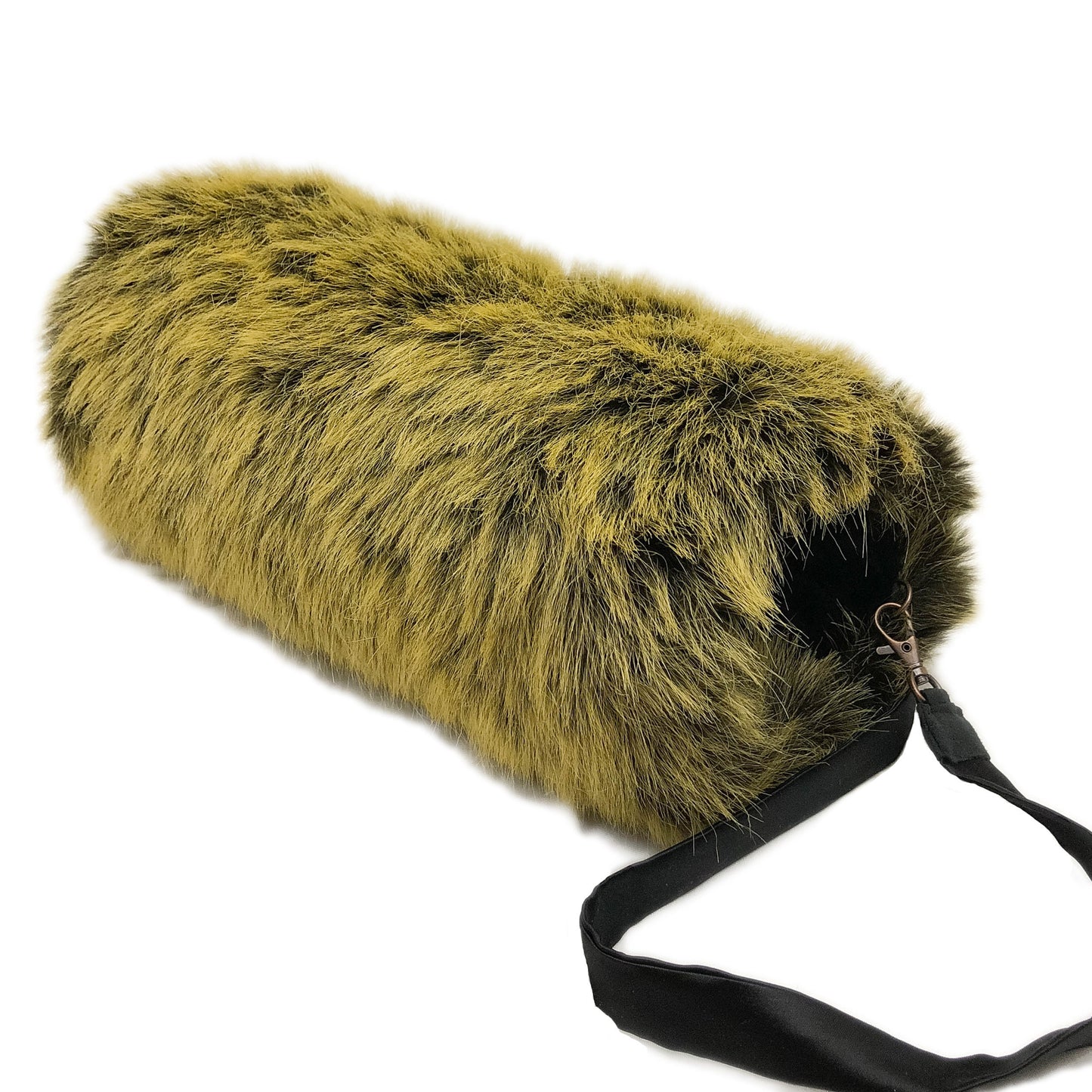 Side view of a muff with strap made of brown faux fur