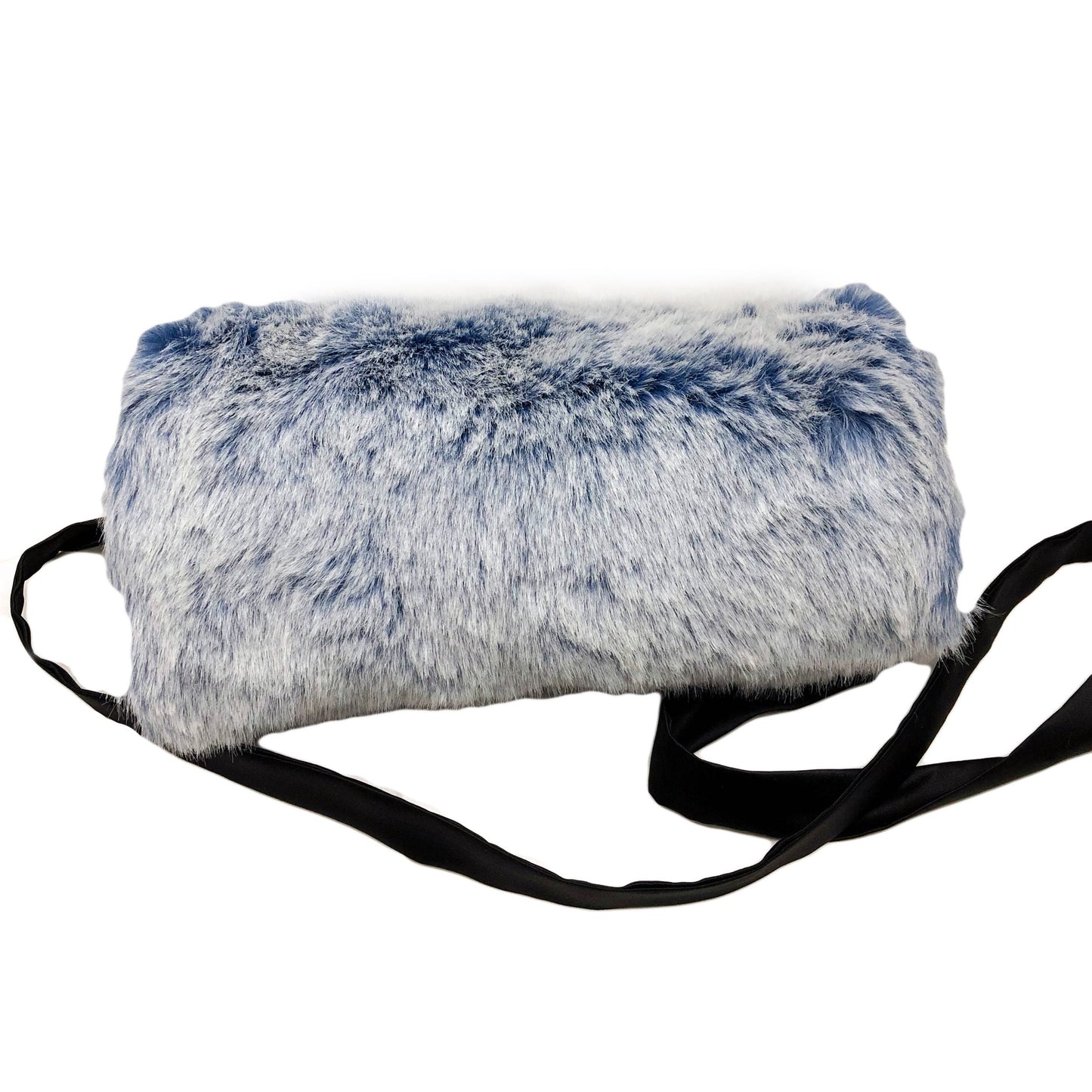 Front view of a muff with strap made of ice blue faux fur