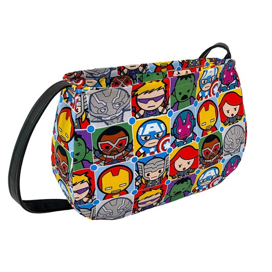 Front view of a fabric purse with a cute Marvel Avengers motif