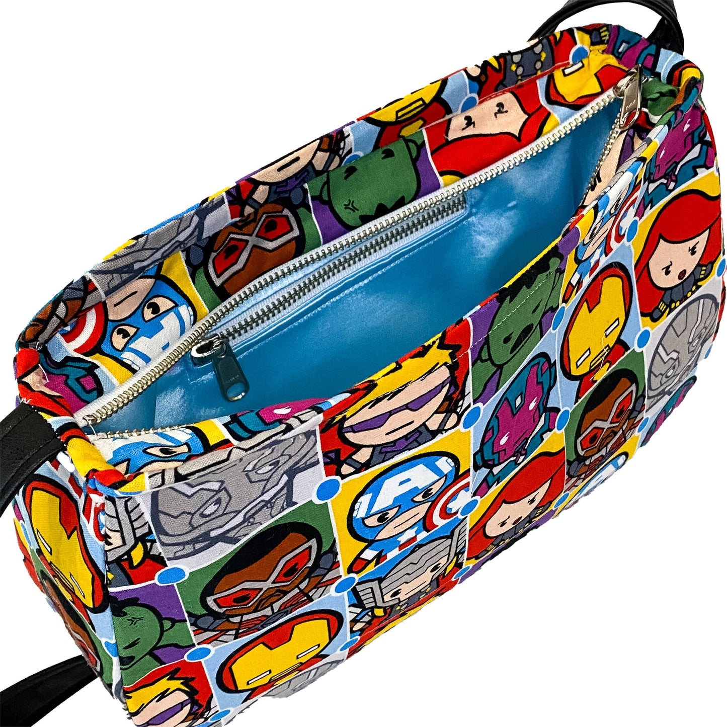 Front view of a fabric purse with a cute Marvel Avengers motif showing the interior satin fabric