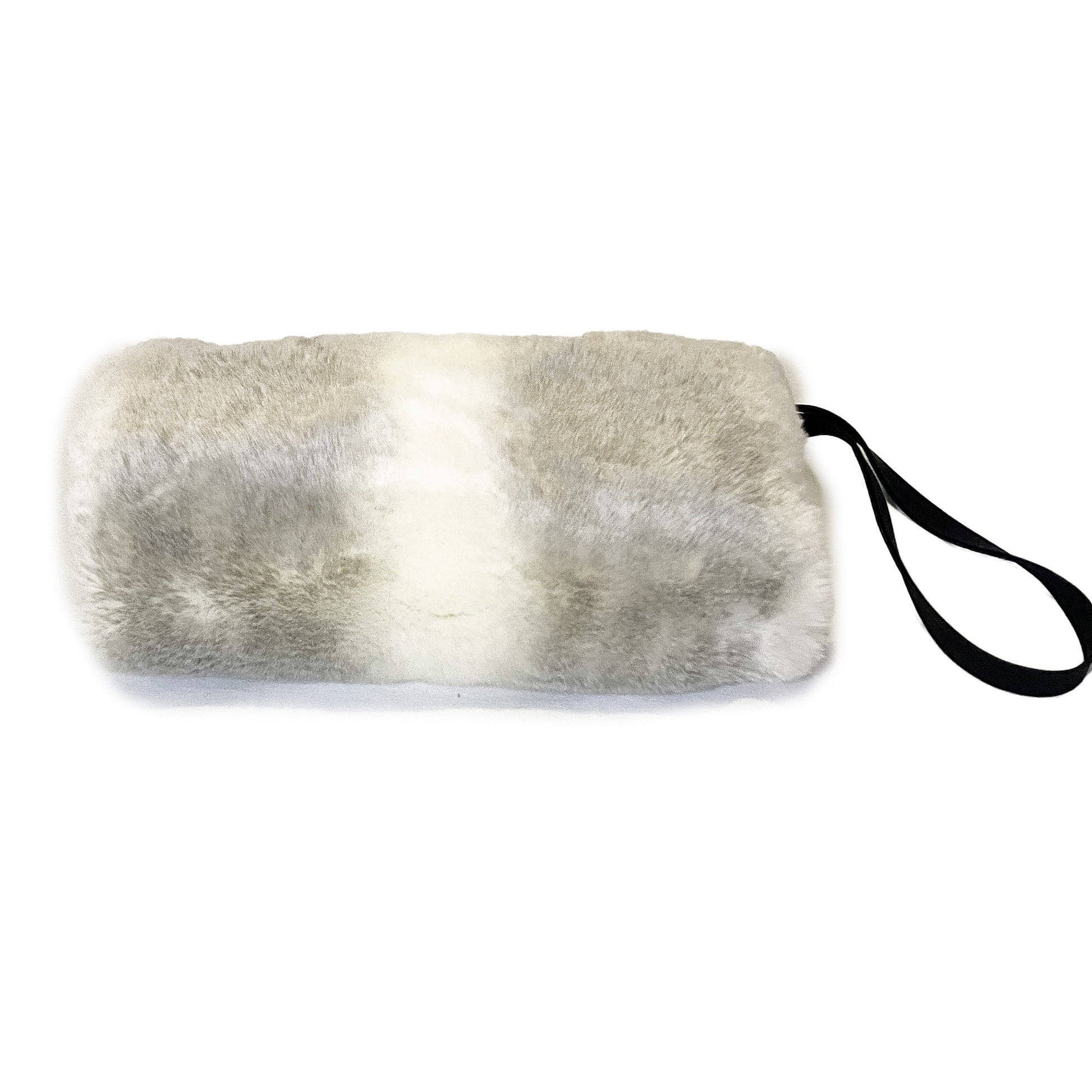 Front view of a muff with strap made of light grey and white striped faux fur