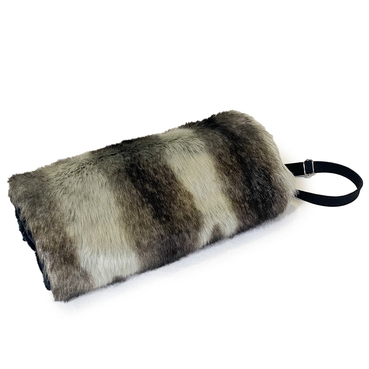 Side view of dark grey striped muff with strap