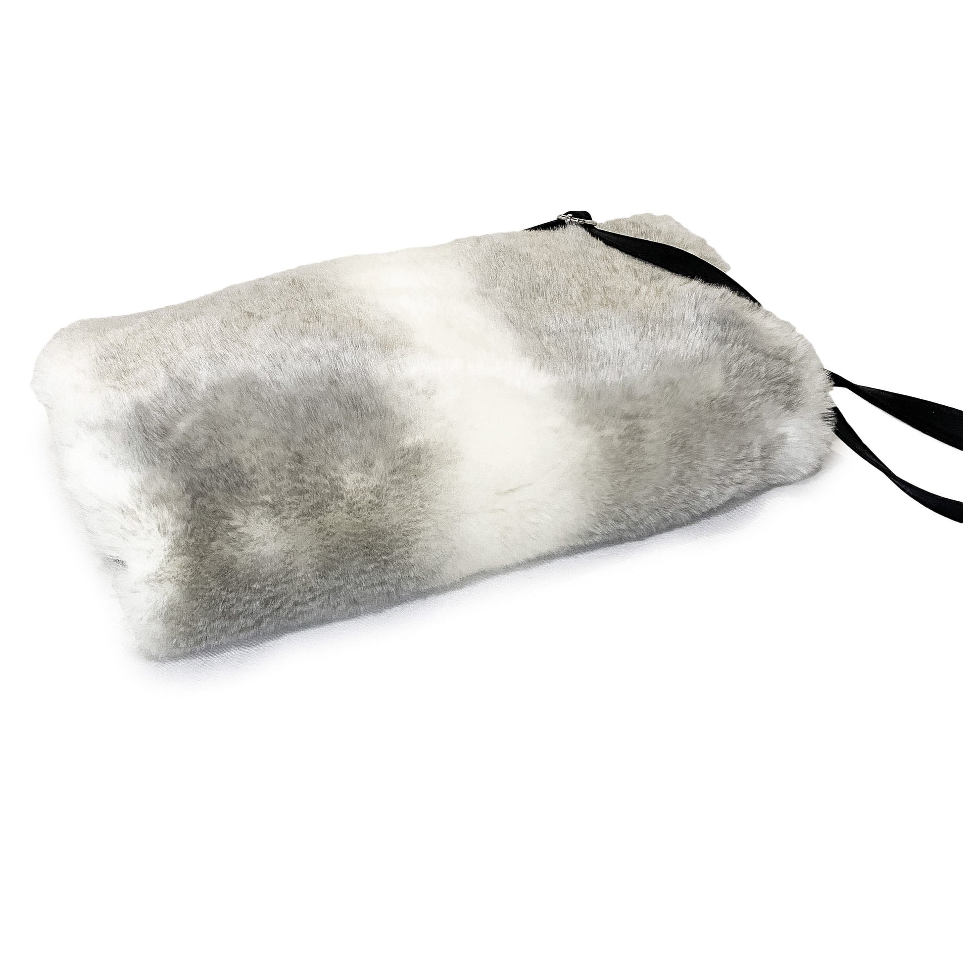 Side view of a muff with strap made of light grey and white striped faux fur